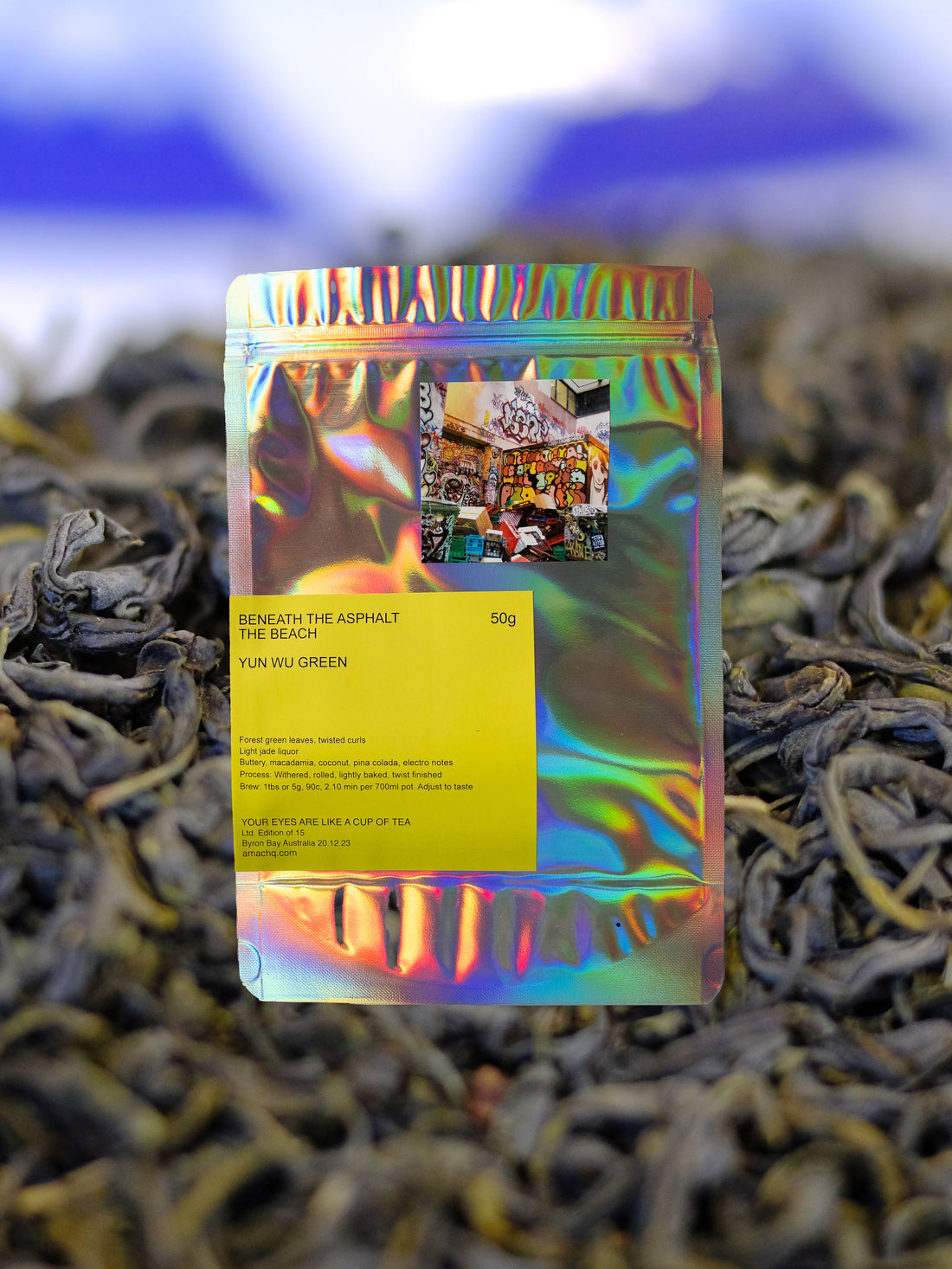 “ Beneath the Asphalt the Beach” Yun Wu Zhejiang Green tea in pouch by Amac HQ.