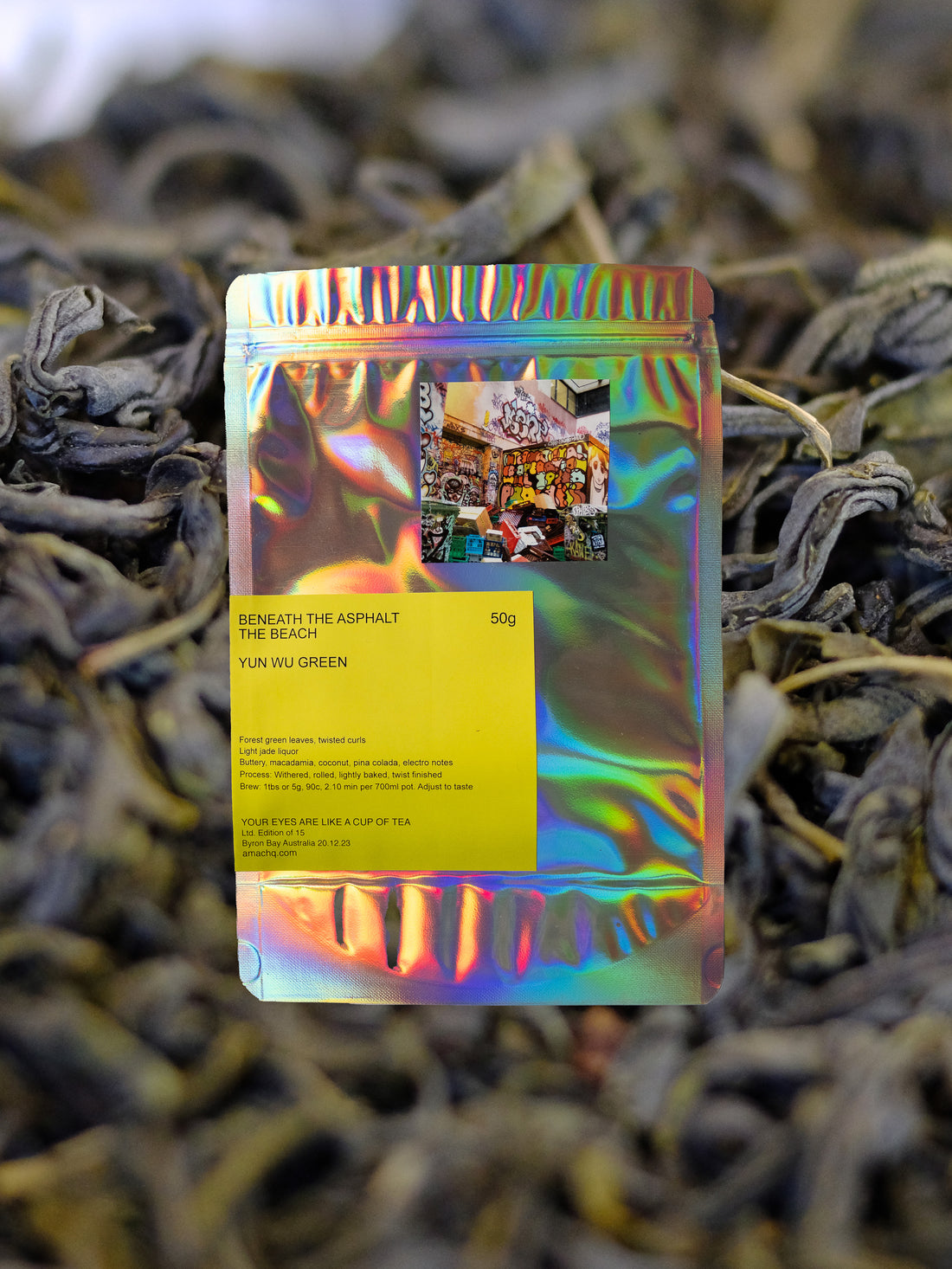 “ Beneath the Asphalt the Beach” Yun Wu Zhejiang Green tea in pouch by Amac HQ.