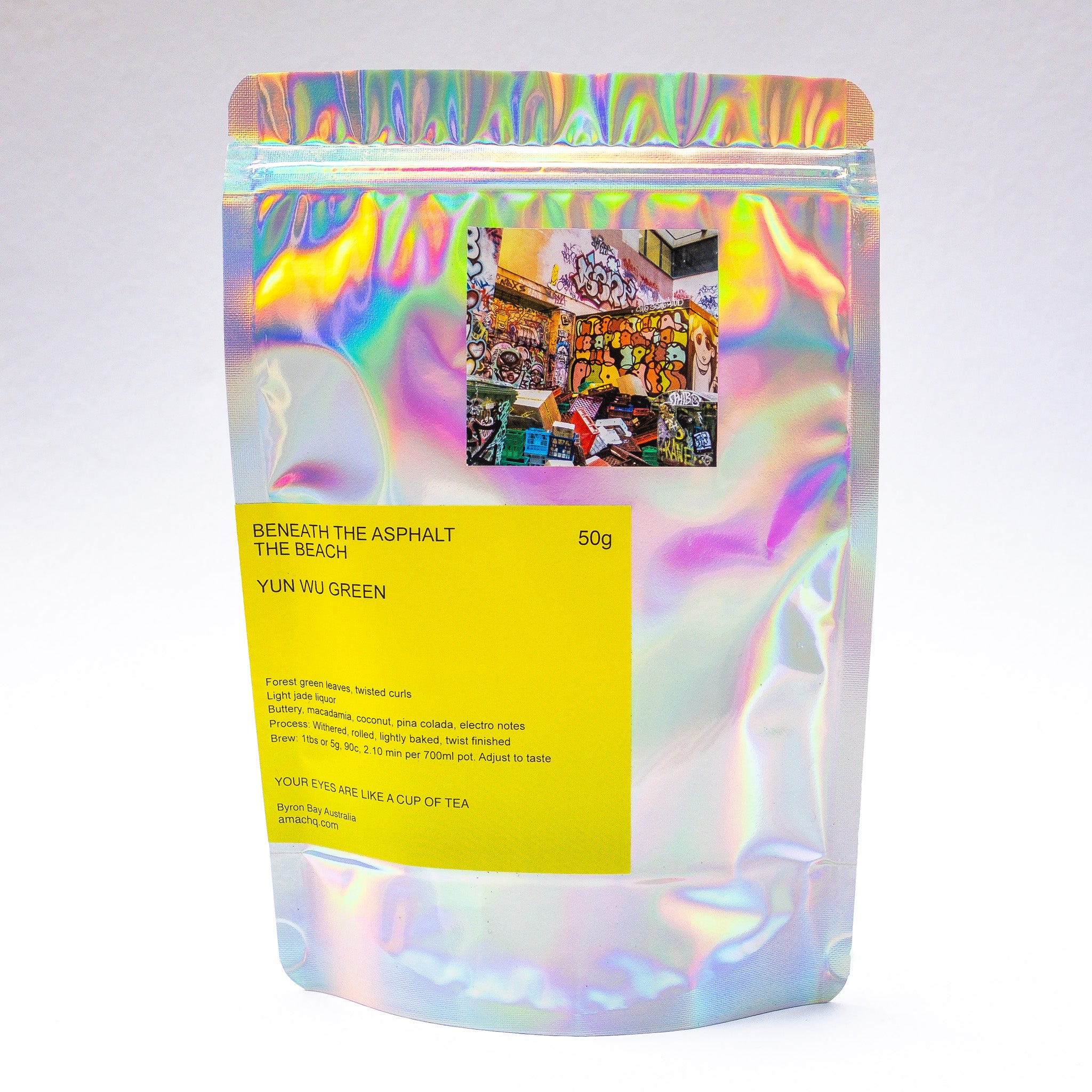 “ Beneath the Asphalt the Beach” Yun Wu Zhejiang Green tea in pouch by Amac HQ.